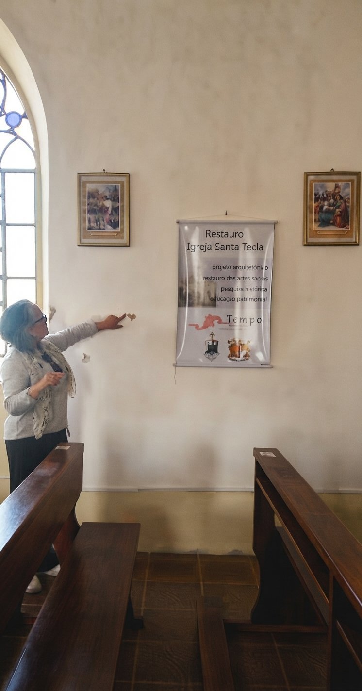 Arquiteta explicando a técnica de abertura de janela de prospecção durante visita técnica à Igreja Santa Tecla