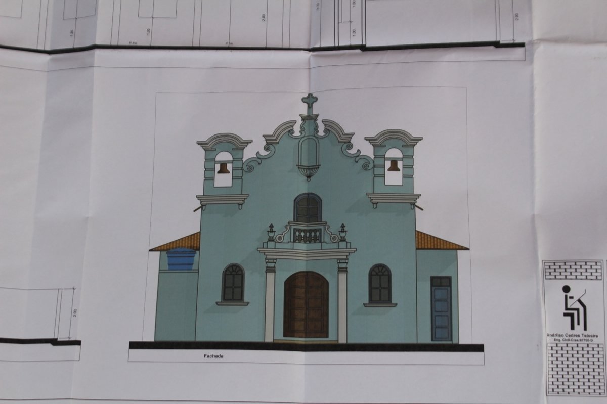 Projeto arquitetônico da fachada da Igreja Santo Antônio, em elevação colorida